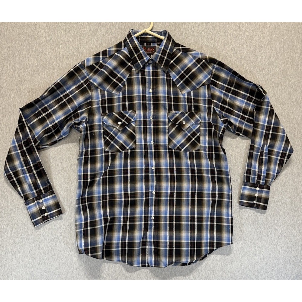 Plains Western Wear Shirt Mens Medium Multicolor Plaid Cotton Cowboy Pearl Snap